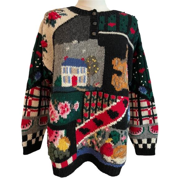 VTG. Eagle's Eye Cottagcore Sweater M Wool Hand Knitted Teddy Patchwork 80s - Picture 1 of 8